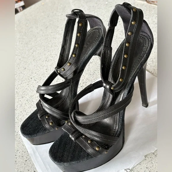 BURBERRY Strappy Denim Platform 5” Stiletto Heels - Size 7 - Picture 3 of 9